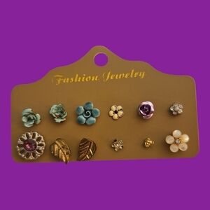 Vintage Eight Single and Two Pair Floral and Leaf Earring Set
